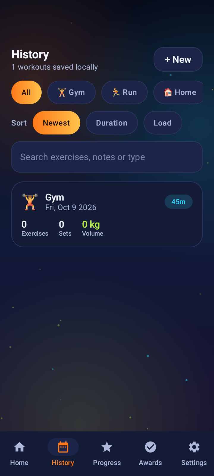 Sport Logbook history screen