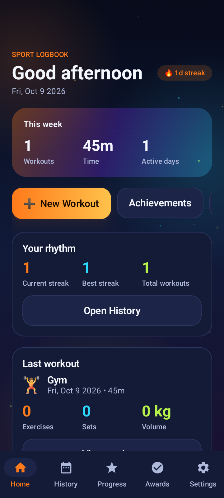 Sport Logbook home screen